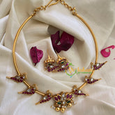 Premium AD Stone Lotus Pendant Hasli Choker-Peacock-Gold Bead-G3970